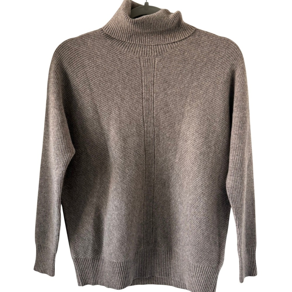 Nicole Miller 100% Cashmere Turtleneck Sweater Taupe XS Ribbed Knit minimalist